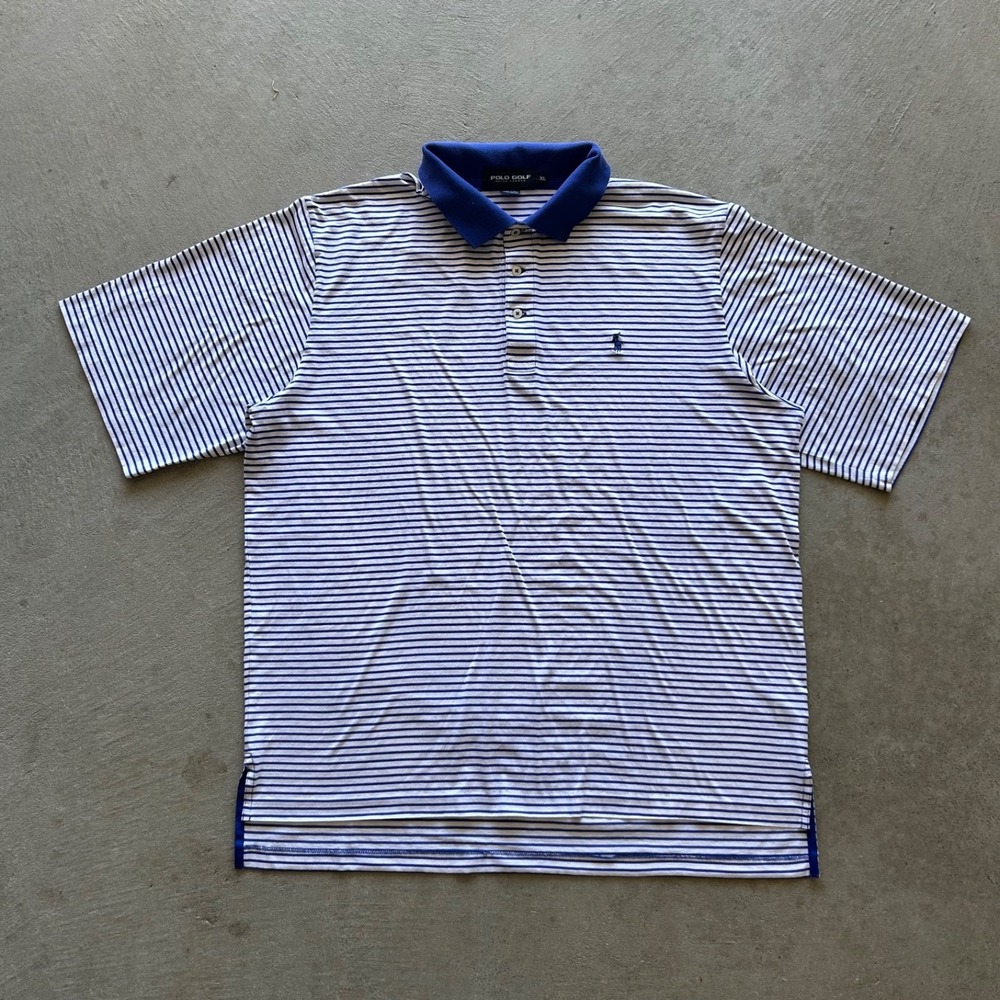 Vintage Polo Golf Polo Shirt Size XL Blue White Striped 100% Cotton